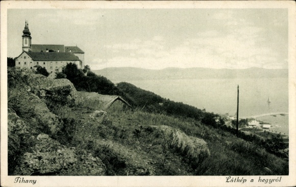 Postcard Tihany Hungary, landscape, hill view, monastery, lake