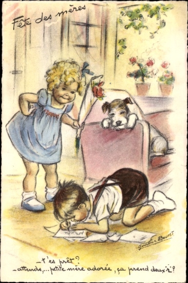 Artist Postcard Bouret, Germaine, Mother's Day, Fete des meres, children, dog