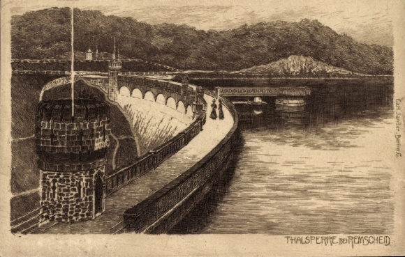 Remscheid in the Bergisches Land region, dam, water, bridge, people, landscape