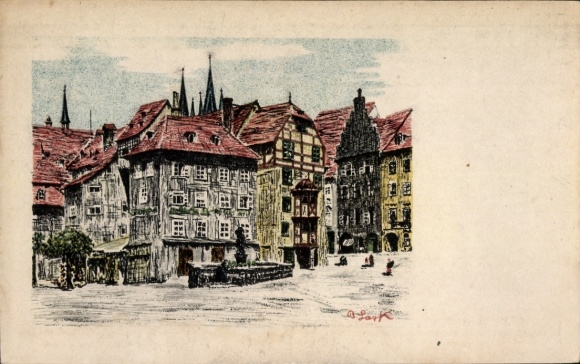 Artist Postcard Lark, B., Cheb Eger Region Karlovy Vary, Market Square