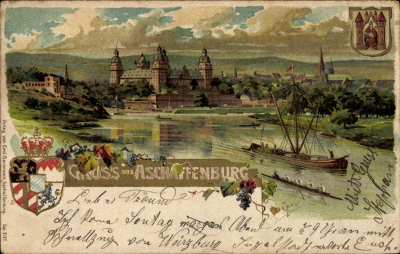 Coat of arms embossed by the artist, lithograph of Aschaffenburg in Lower Franconia, overall view
