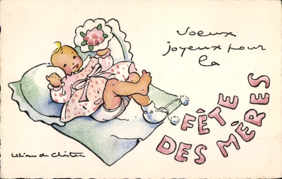 Artist Postcard Mother's Day, baby on a blanket, bouquet of flowers
