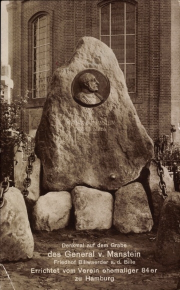 Postcard Hamburg Bergedorf Billwerder Billwärder, cemetery, grave of General von Manstein, memorial, former 84th
