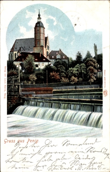 Postcard Penig in Saxony, at the weir, view to the church