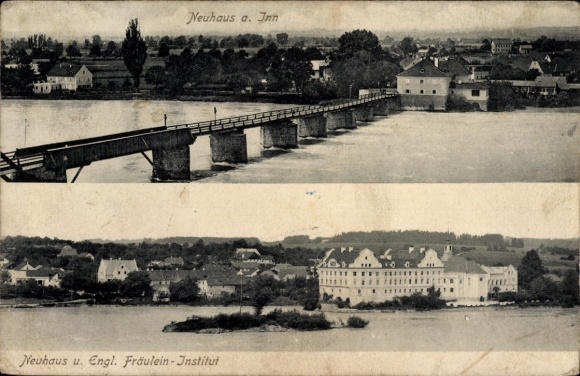 Postcard Neuhaus am Inn, Lower Bavaria, overall view with bridge, English Ladies' Institute