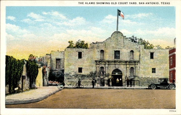 Postcard San Antonio Texas USA, Alamo, courtyard, flag, car, personalities