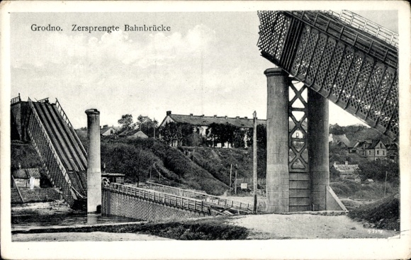 Postcard Hrodna Grodno Belarus, Destroyed railway bridge, landscape, water, bridge