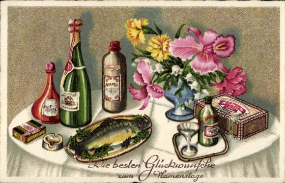Congratulations on your name day, flowers, sparkling wine, cigars, fish
