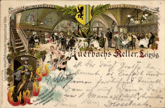 Coat of arms lithograph Leipzig in Saxony, Auerbach's Cellar, interior view