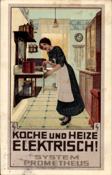 Postcard Koche und Heize elektrische, System Prometheus, Österreichische Siemens Schuckert Werke