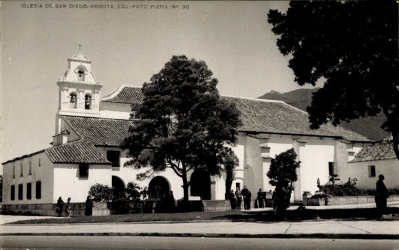 Postcard Bogotá Colombia, Iglesia de San Diego, buildings, people, historical architecture