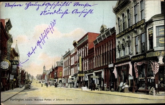 Postcard Huntington Indiana USA, Business Portion of Jefferson Street, shops