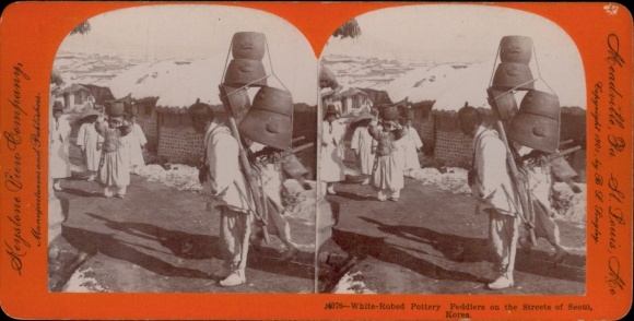 Stereoscopic photo of Seoul, South Korea, street vendors selling pottery, Keystone View Company