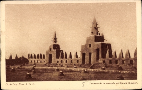 Postcard Djenné Mali, terrace of the Mosque of Soudan, architecture