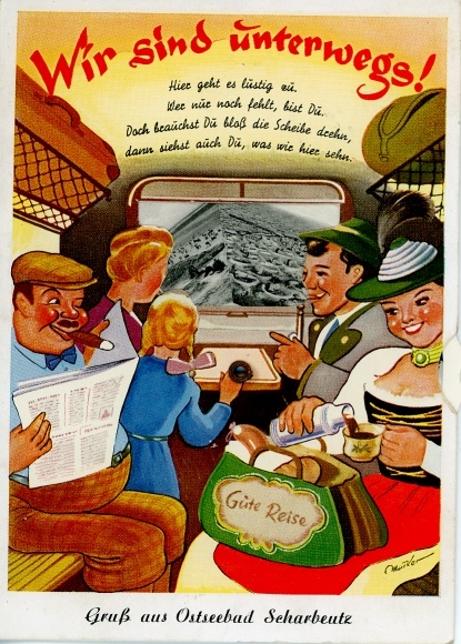 Mechanical Artists Postcard Ostseebad Scharbeutz in Holstein, Travelers on the Train