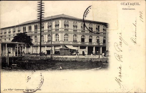 Postcard Guayaquil Ecuador, front view of a building, Ecuador, postmark, address entry
