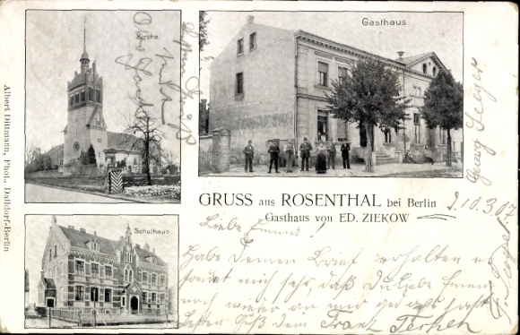 Postcard Berlin Pankow Rosenthal, Church, Ed. Ziekow Inn, Schoolhouse