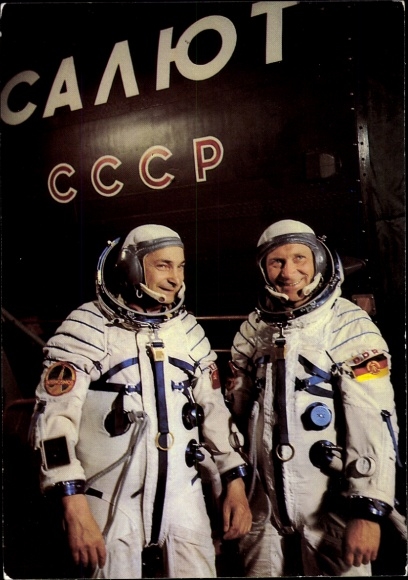 Postcard Joint cosmic flight, USSR, GDR, Sigmund Jähn, Waleri Bykowski