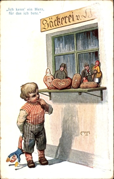 Artist Postcard Moos, I know a heart for which I pray, boy in front of the bakery, gingerbread