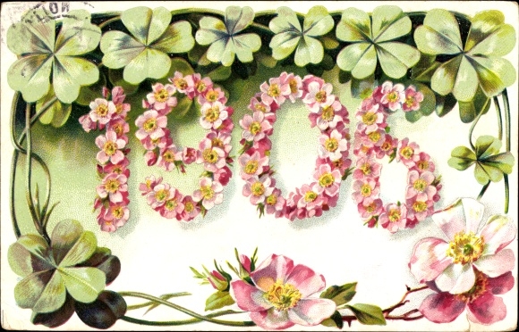 Postcard year 1906 made of flowers, lucky clovers