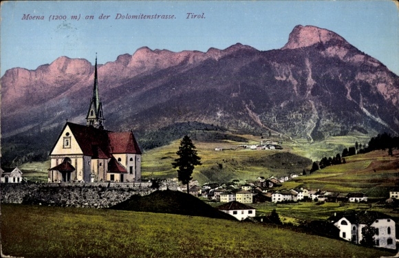 Postcard Moena Trentino South Tyrol, Dolomite Road, Tyrol, church, mountains