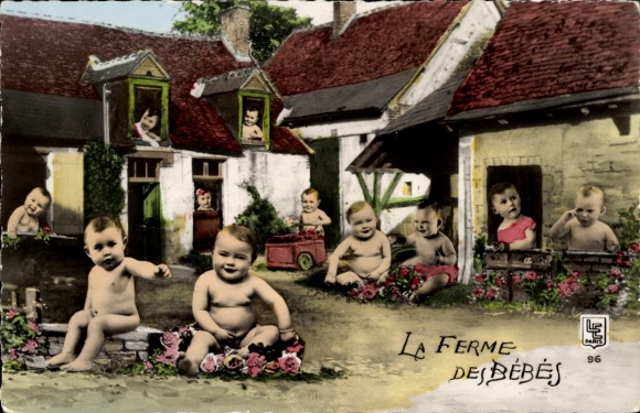 Postcard birth, babies, house, flowers