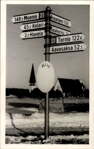 Postcard Pello Finland, signpost