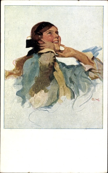 Artist Postcard Wennerberg, Bruno, Young woman looks laughing at the sky