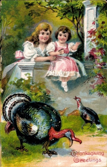 Embossing Postcard Thanksgiving, Girls and Turkeys