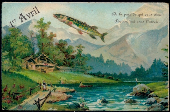 Postcard Congratulations April 1st, House by the river, Fish