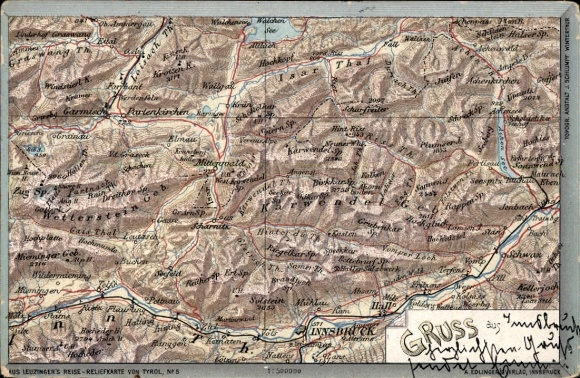 Maps of Innsbruck in Tyrol, Isar Valley, Karwendel, Wetterstein Mountains, travel relief map