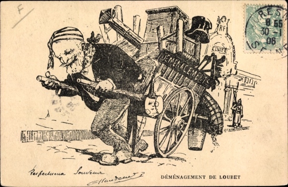 Artist PC Demenagement de Émile Loubet, French President, moving truck, caricature