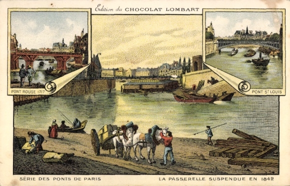 Chromo-Litho Paris, La Passerelle Suspendu en 1842, Pont St. Louis, Pont Rouge, Chocolat Lombart, advertising