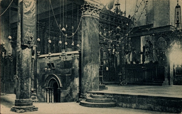 Postcard Bethlehem Palestine, interior view of the Church of the Nativity, columns, chandeliers, religious symbols