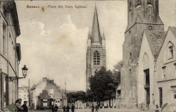Postcard Ronse Renaix East Flanders, Place des Deux Eglises, church tower, street view