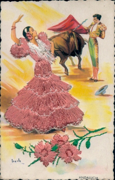 Silk embroidery artist Postcard Andalusia, dancing woman, bullfighting, Spanish costume