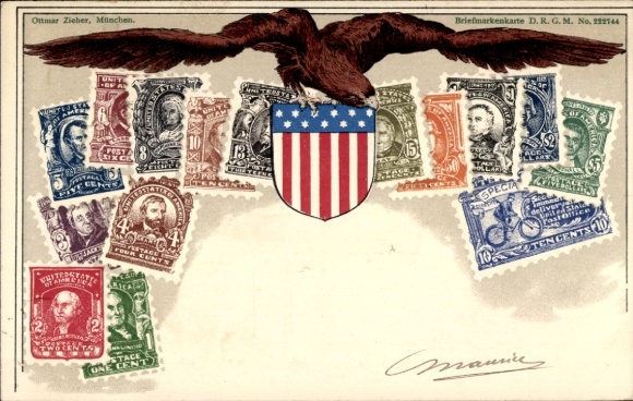 Postage stamp coat of arms, American flag, eagle