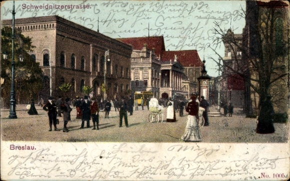 Postcard Wrocław Breslau Silesia, Schweidnitzerstraße, people, street view,