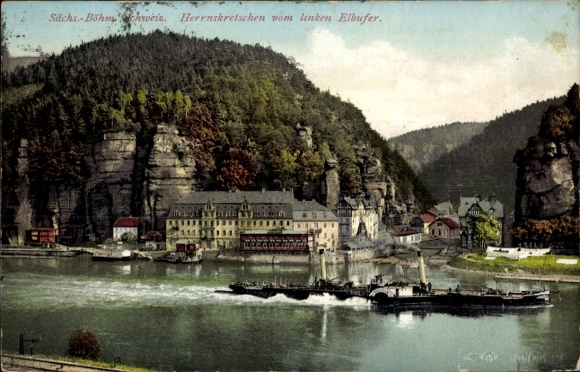 Postcard Hřensko Herrnskretschen Region Aussig, steamer Silesia with village