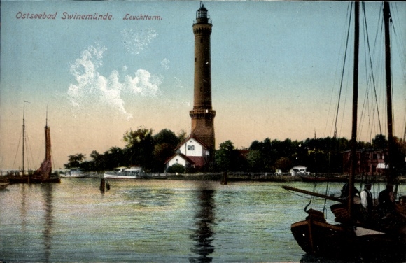 Postcard Świnoujście Swinemünde Pomerania, lighthouse, Baltic Sea resort water, boats