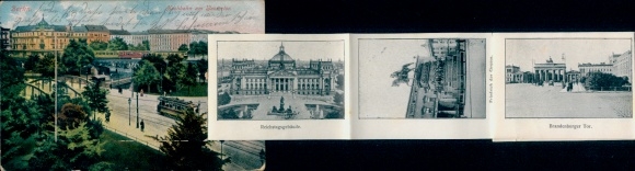 Leporello Postcard Berlin Tiergarten, Bismarck Monument in front of the Reichstag building, Brandenburg Gate