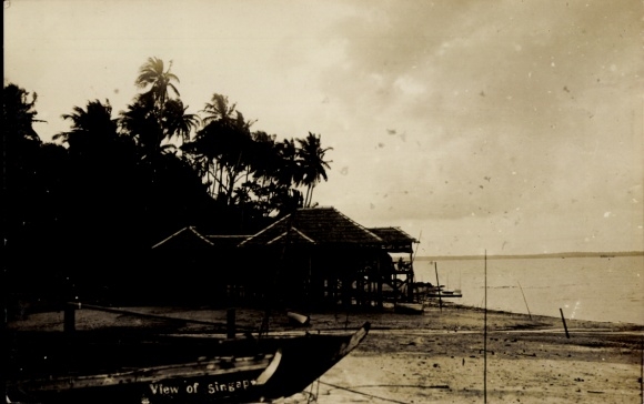 Postcard Singapore Singapore, houses, shore, boat