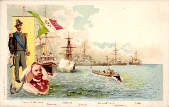 Chromo-Litho Italian warships, King Umberto I, Palestro, Sicilia, Italy