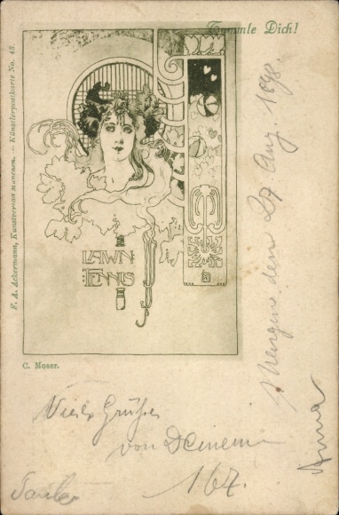 Art Nouveau artist Postcard Coloman Moser, Tumble Yourself, portrait of a Woman, Lawn Tennis