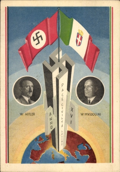 Artist Postcard Adolf Hitler, Benito Mussolini, Hakenkreuz, Flaggen ...
