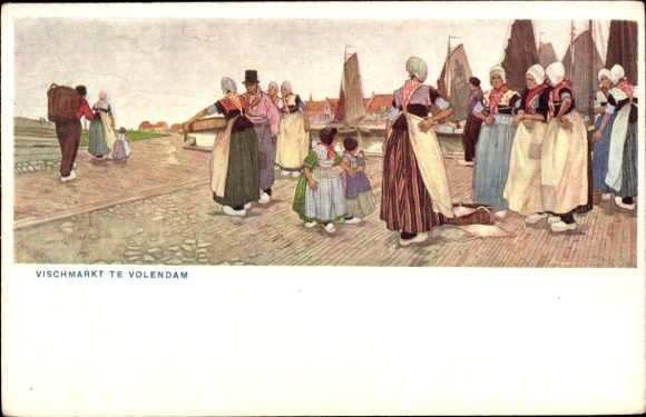 Artist Postcard Volendam, North Holland, Netherlands, fish market, traditional costumes, fish market