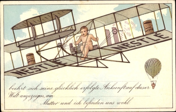 Postcard Birth Announcement, Advertising, Nestle, Child in a Biplane