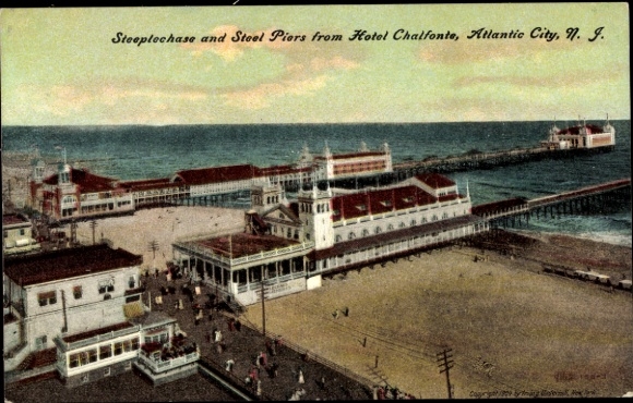 Postcard Atlantic City New Jersey USA, Steeplechase and steel pier, Hotel Chalfonte, Atlantic City, N.J