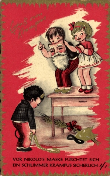 Artist Postcard Krampus, children, St. Nicholas mask