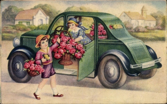 Children with flower baskets, roses, green car